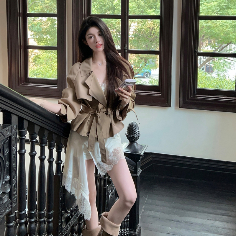 Fairyjiang Autumn British Style Khaki Short Trench Coat Women's High-End Double-Breasted Waist-Cinching Coat Fairyjiang Autumn British Style Khaki Short Trench Coat Women's High-End Double-Breasted Waist-Cinching Coat