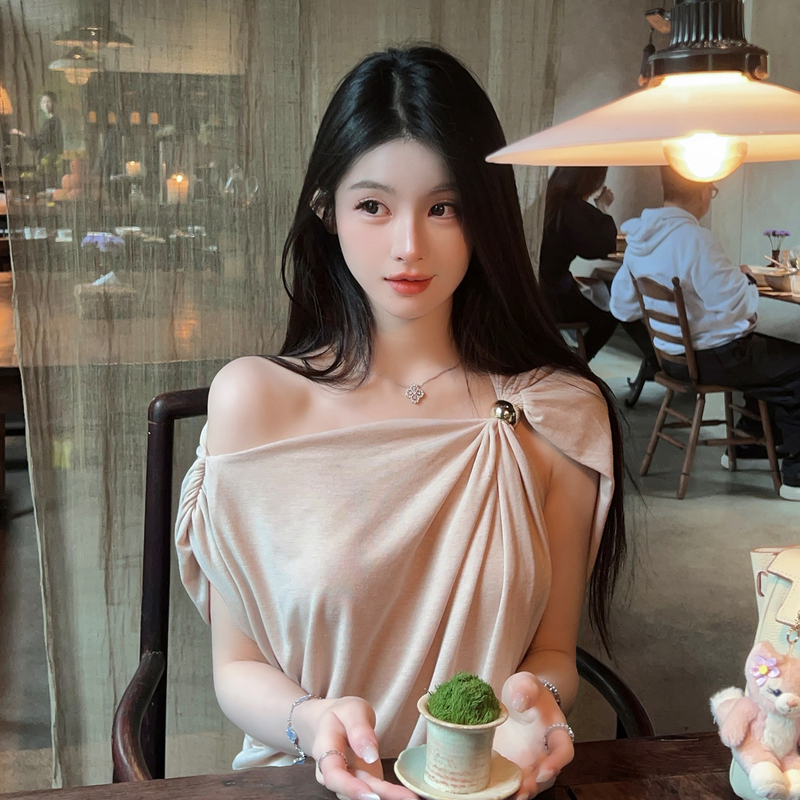 Fairyjiang Summer New Design Metal Buckle Off-Shoulder Top Women's Short-Sleeved Loose Slimming Off-Shoulder T-Shirt Fairyjiang Summer New Design Metal Buckle Off-Shoulder Top Women's Short-Sleeved Loose Slimming Off-Shoulder T-Shirt