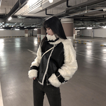 Limited time special price] Environmental protection fur one coat womens winter black and white short cotton cotton stitching ins cotton clothes