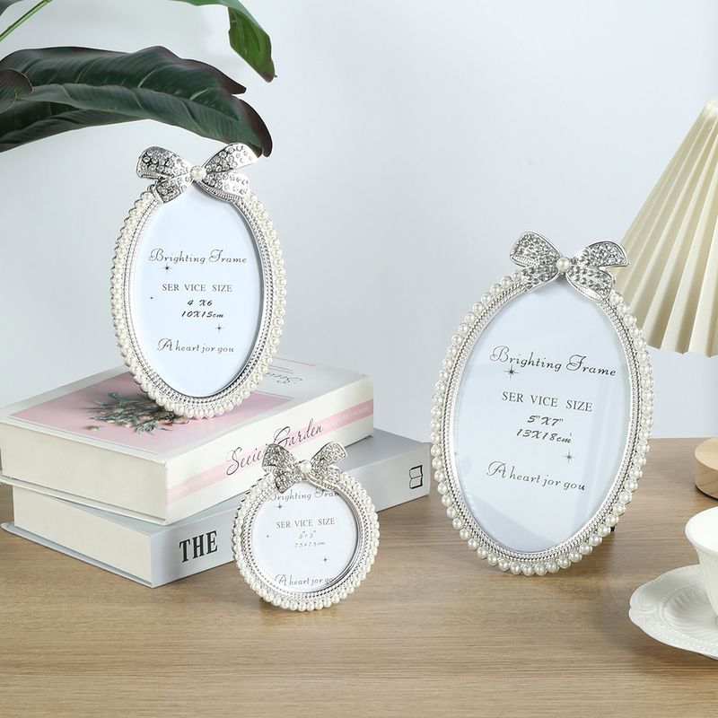 European-Style Creative Oval Pearl Photo Frame 3inch 6inch 7inch Bowknot Tabletop Silver Printed Photo Free Shipping