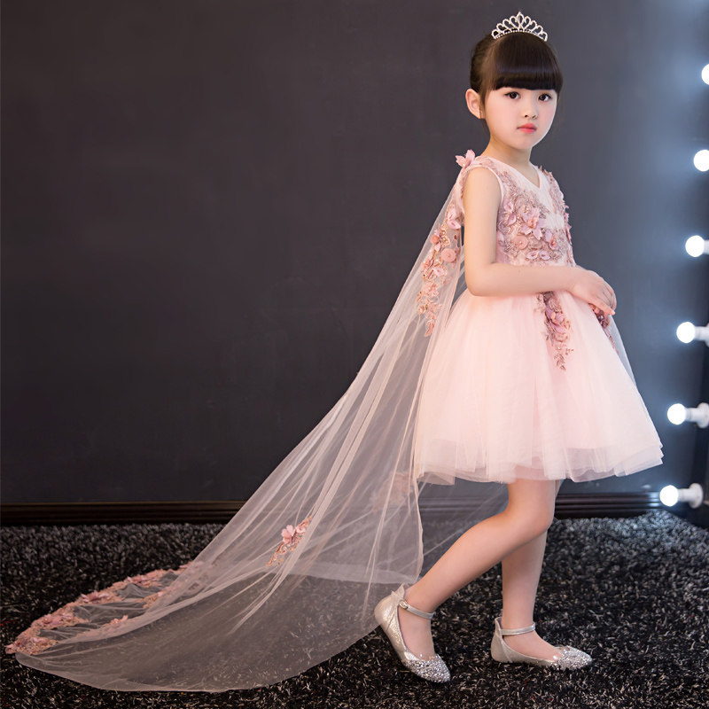 Girl Evening Gown Princess Dresses Princess Dresses Children Child Marriage Yarn Trailing Extra-long Flowers Birthday Piano to Serve Pink