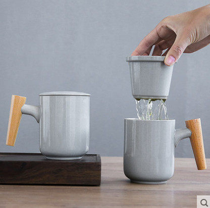 Grey wood Nordic wind ceramic tea cup with lid filter tea cup men's and women's mug tea separation cup tea cup