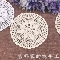 Auspicious handmade wo round crochet hook plate pad cotton decorative heat insulation pad flower bottle pad round table pad beige white