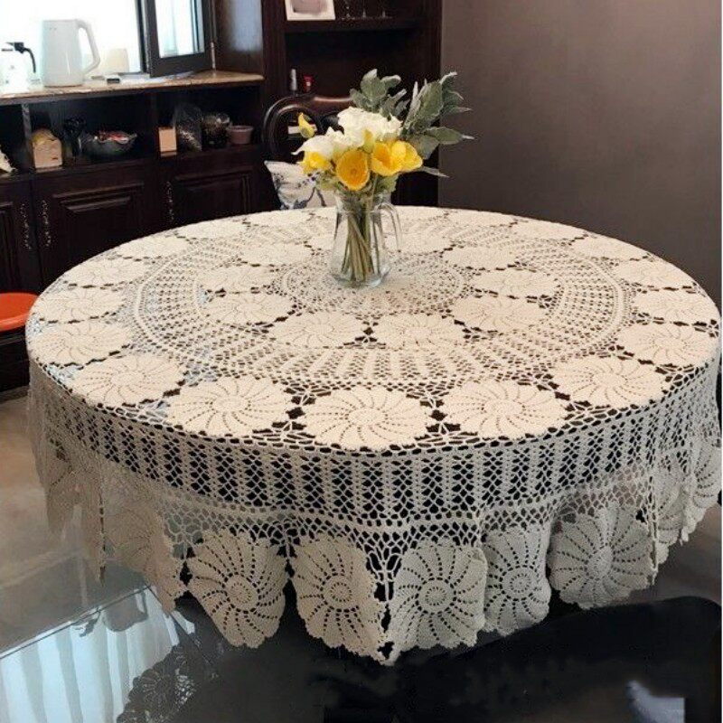 Auspicious home Japanese pastoral hand crochet round tablecloth foreign trade hollow beige white retro large tablecloth tablecloth
