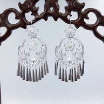 Guizhou national style old silversmith hand-brushed plain silver long large earrings