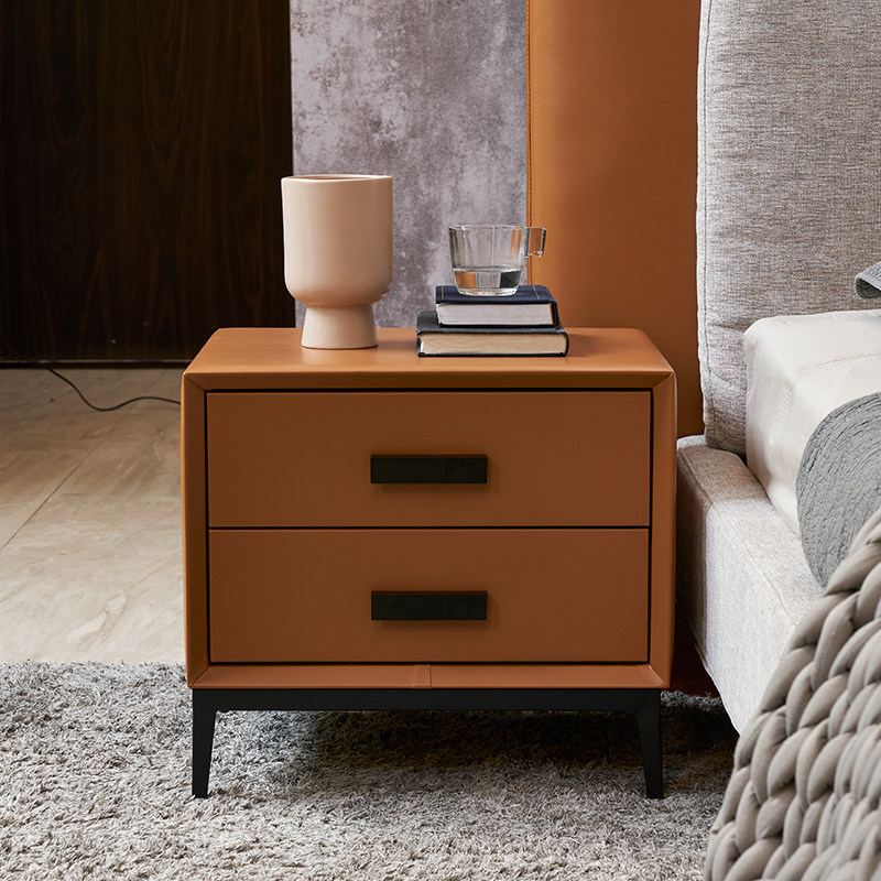 Italian style light luxury bedside table leather all solid wood pine modern minimalist bedroom minimalist Nordic window cabinet storage cabinet
