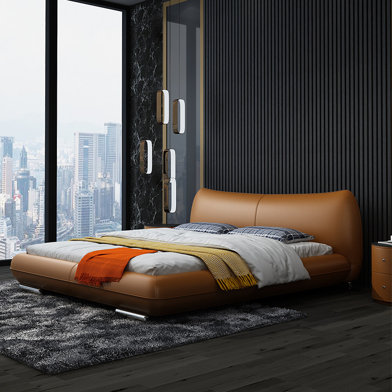 Leather bed modern minimalist Nordic Italian minimalist double leather bed 18 meters master bedroom Italian light luxury leather art bed
