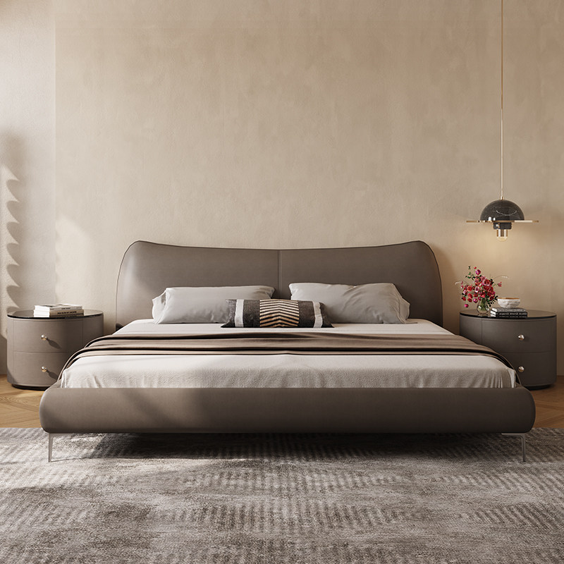 Wabi-sabi bed Italian style minimalist leather bed small apartment double bed 18 meters simple modern master bedroom marriage bed leather bed