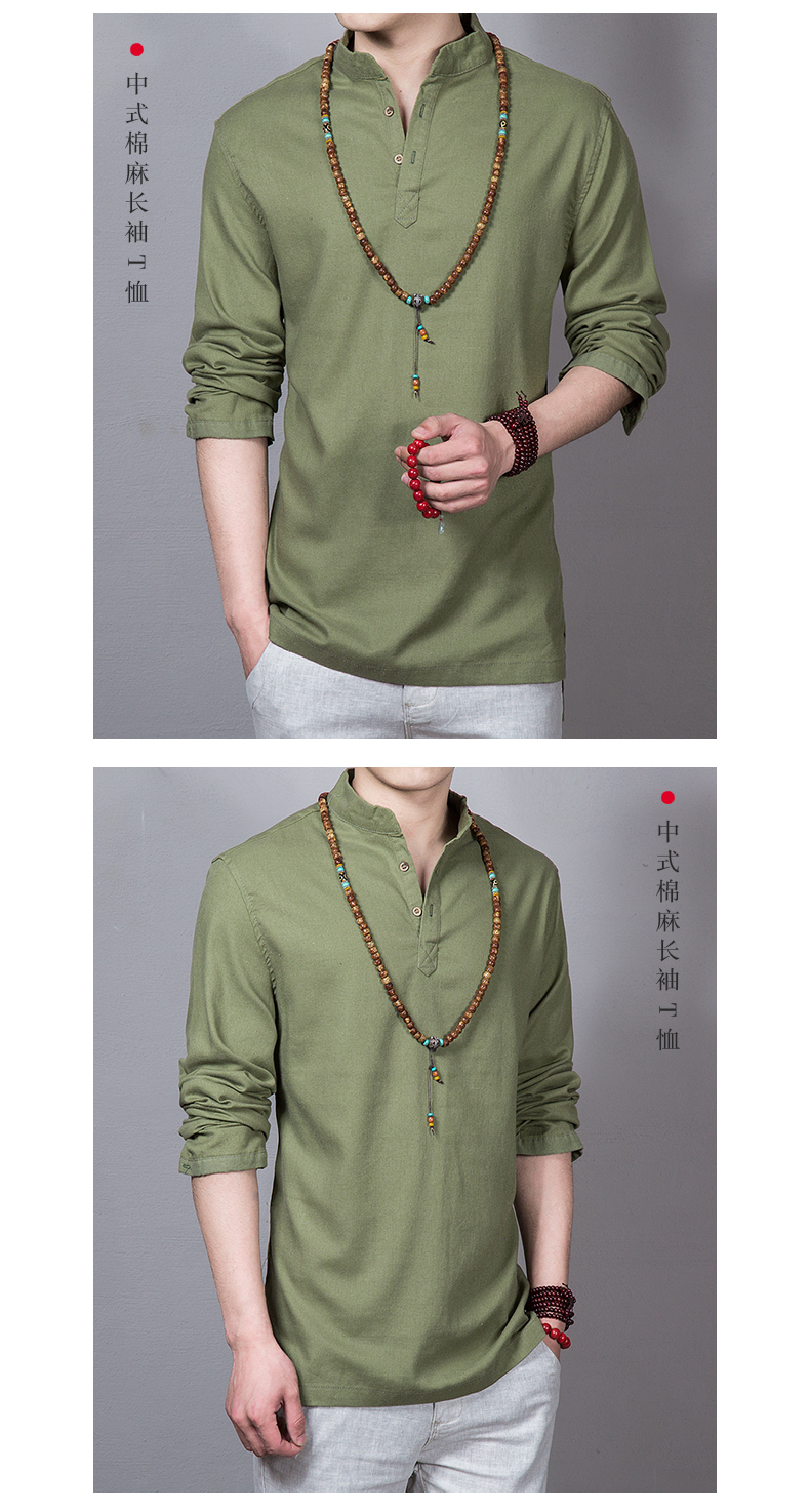 Mùa thu phong cách Trung Quốc linen dày linen áo sơ mi nam cổ áo loose nam cotton linen dài tay t-shirt kích thước lớn nam quần áo