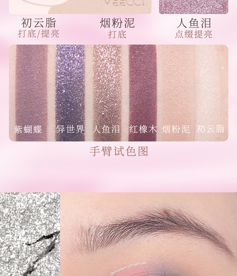 Тени для век veecci唯资眼影盘唯姿五色腮红修容哑光珠光闪片紫色绿色粉大地色