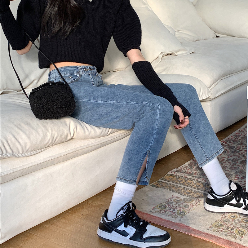High waist straight cylinder jeans Women's spring autumn season 2022 new loose slim small stretch open fork 90% pants