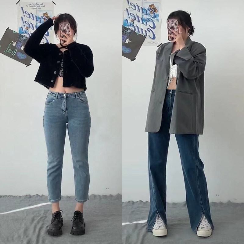 Straight Cylinder Open Fork Jeans Female spring display slim fit large size Weight Slim Fit Slim slim fit Pear Shape Slim Fit High Waist Length Pants