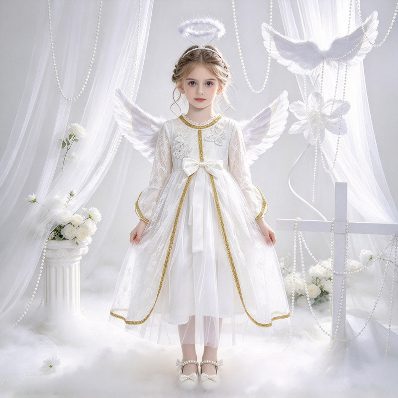Halloween White Angel Performance Costume Medieval Princess Stage Performance Dress Children's Model Catwalk Costume Halloween White Angel Performance Costume Medieval Princess Stage Performance Dress Children's Model Catwalk Costume