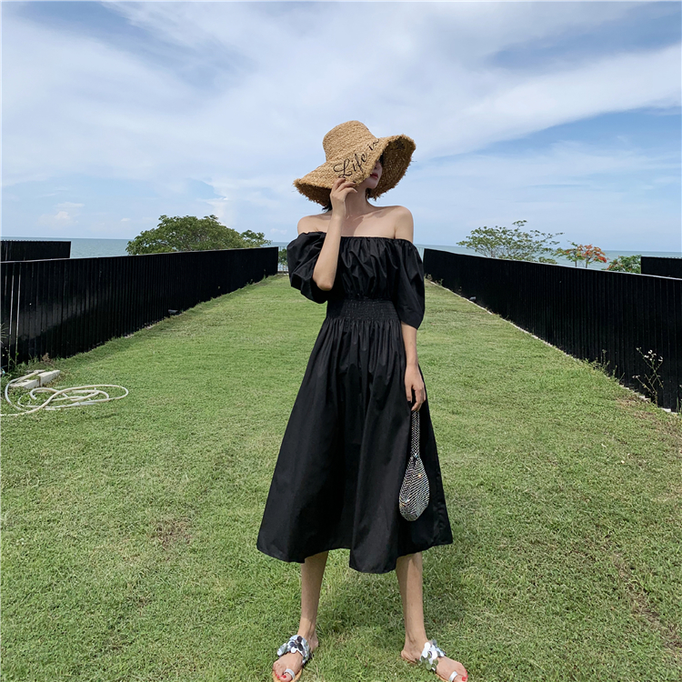 VK旗艦店 韓國風一字領時尚簡約短袖洋裝