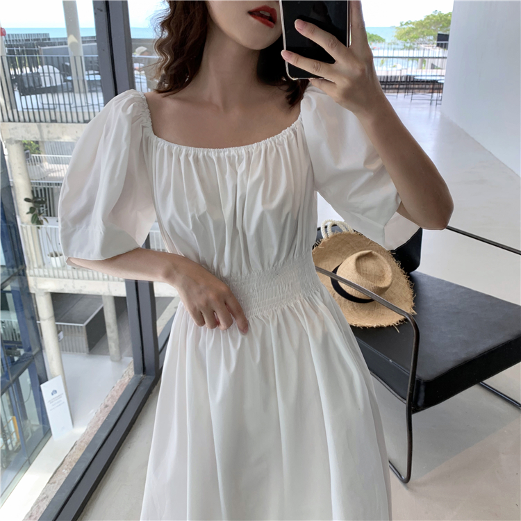 VK旗艦店 韓國風一字領時尚簡約短袖洋裝