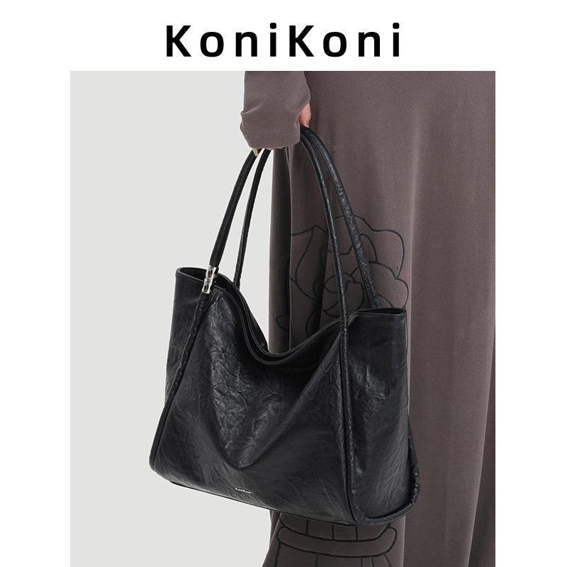 Konikoni Genuine Leather Niche Black Large-Capacity Tote Bag for Women 2026 New High-End Commuter Shoulder Bag Large Bag
