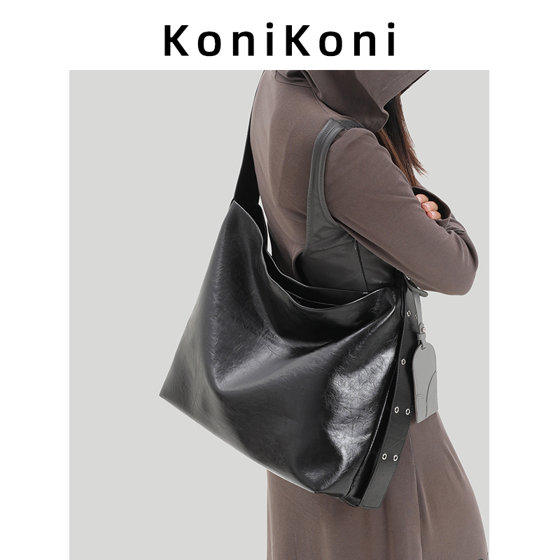 Konikoni Genuine Leather Black Large-Capacity Tote Bag for Women 2026 New Super Popular Commuter Crossbody Bag Single Shoulder Large Bag