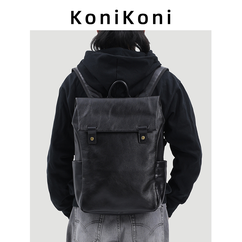 Konikoni First-Layer Cowhide Men's Black Backpack 2026 New Style Boys' School Bag Large Capacity Travel Backpack