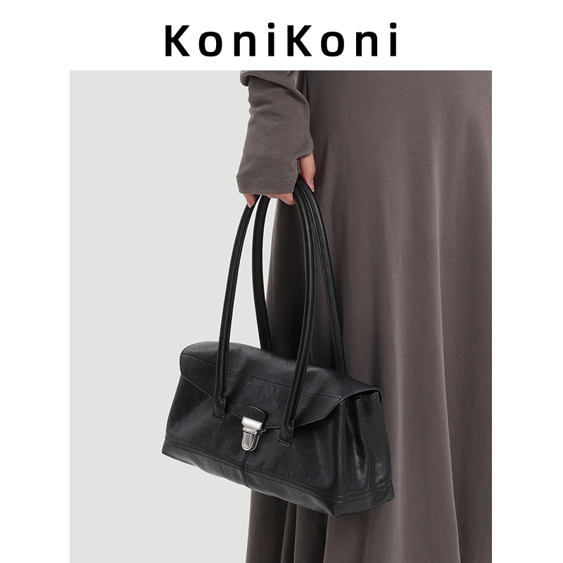 Konikoni Genuine Leather Niche Boston Bowling Bag for Women 2026 New High-End Trendy Shoulder Underarm Bag