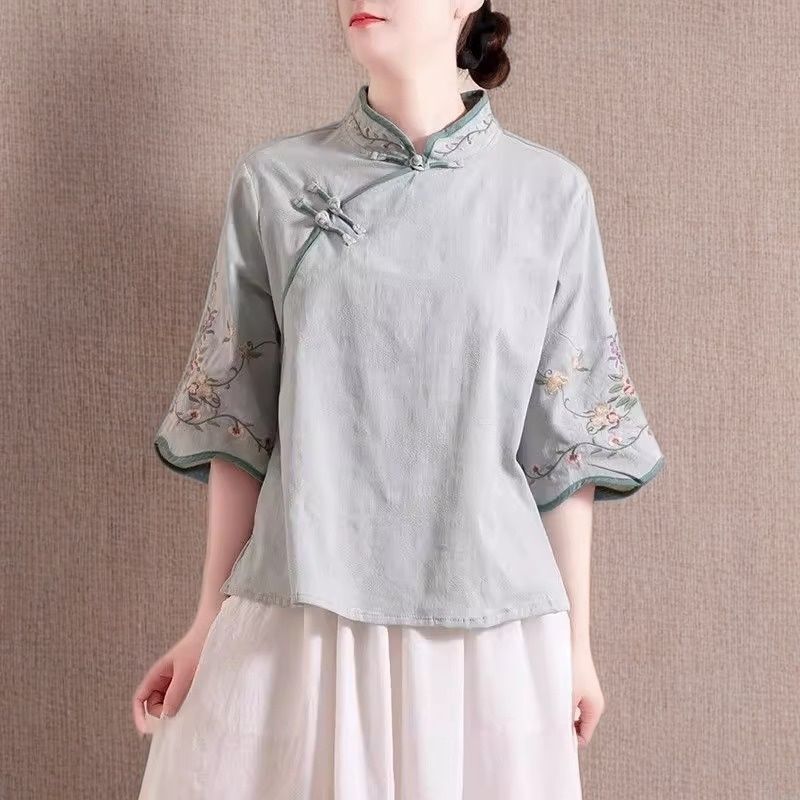Chinese-Style Retro Hanfu Summer Tops for Women, Spring and Autumn Wear, Three-Quarter Sleeves, Ethnic Style Shirts, Chinese-Style Artistic Button-Up Tea Clothes