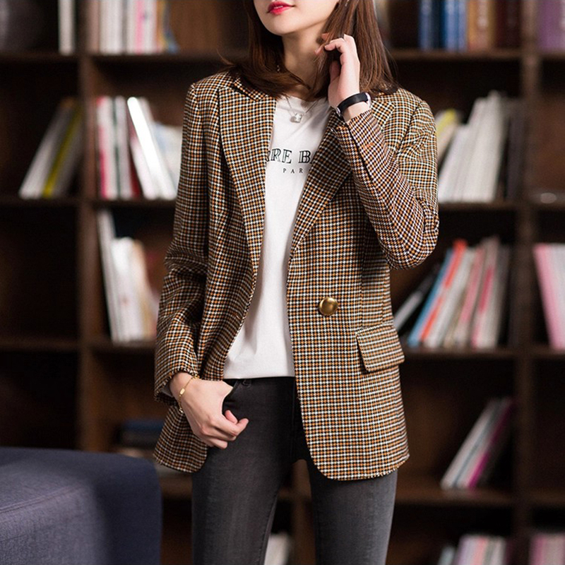 Ningxia Manyijian Fashionable British Style Duffle Button Retro Houndstooth Bf Style Handsome Lapel Blazer