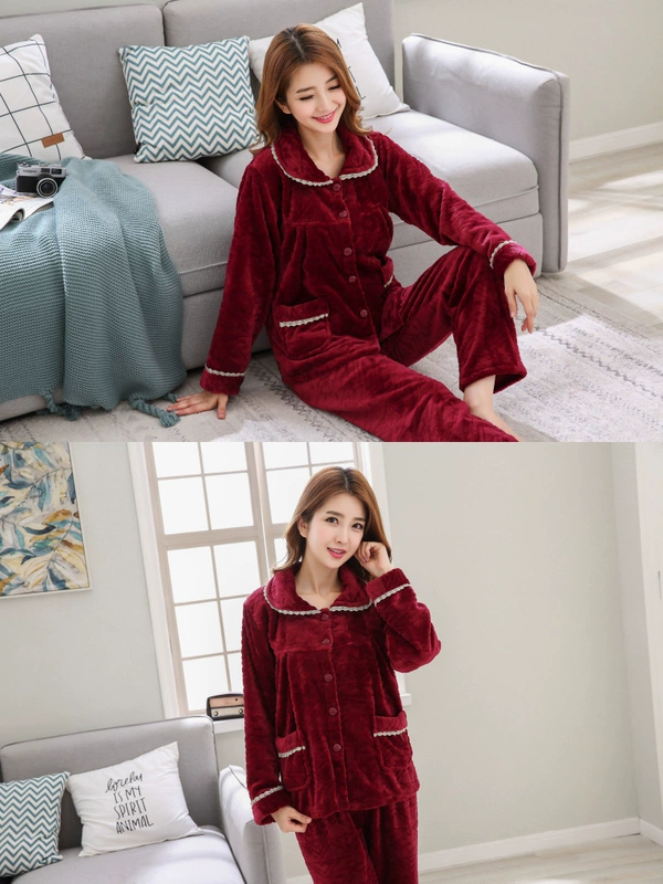 Mùa thu và mùa đông đồ ngủ flannel dày mẹ tải XL XL Bộ đồ ngủ dài tay của phụ nữ đặt dịch vụ tại nhà