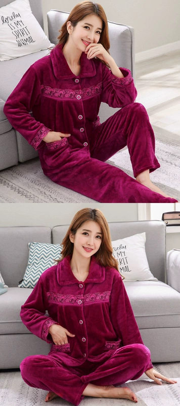 Mùa thu và mùa đông phụ nữ flannel đồ ngủ dài tay dày san hô lông cừu trung niên mẹ phù hợp với dịch vụ nhà đồ ngủ phụ nữ quần áo ngủ cao cấp