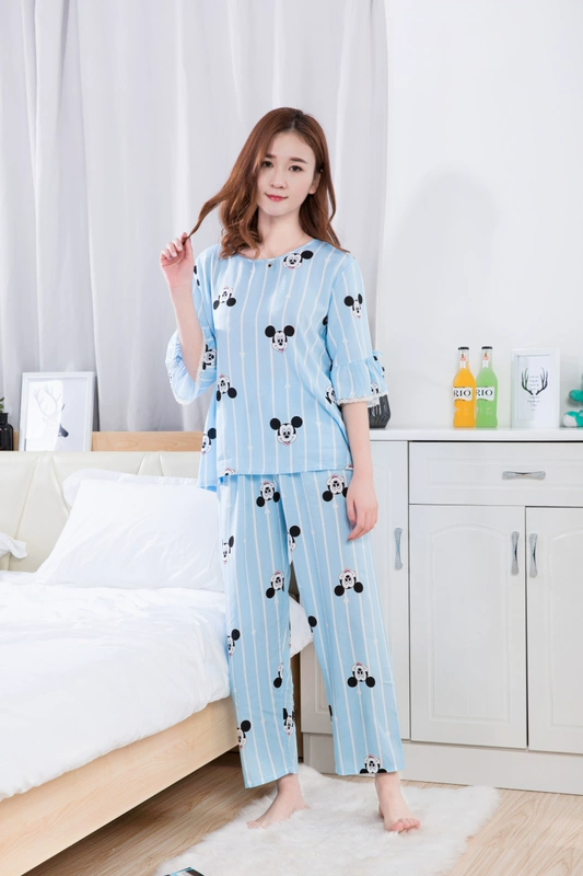 Mùa xuân và mùa hè nữ đồ ngủ cotton nhân tạo cotton ngắn tay quần mỏng phim hoạt hình đồ ngủ hai mảnh phù hợp với dịch vụ nhà phụ nữ