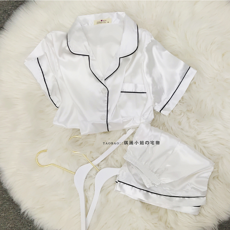 White two-piece set of ice silk pajamas women's summer thin short-sleeved Korean version ins wind net red hot women's home clothes