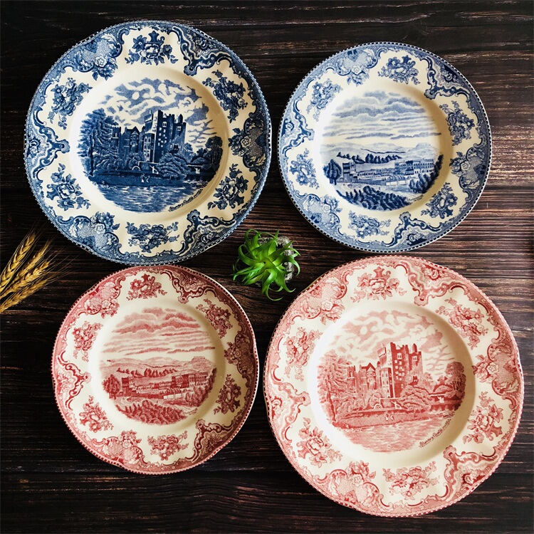 Foreign Trade Export Original Breakfast Plate Steak Plate 8inch 10inch Plate Set Household Tableware Red and Blue Castle