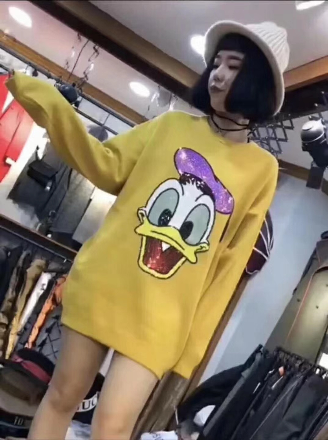 Mùa đông 2017 phụ nữ mới làm việc nặng nề sequin Donald Duck phiên bản Hàn Quốc của áo len trong chiếc áo len dài áo thun - Áo / áo thun áo len dáng dài