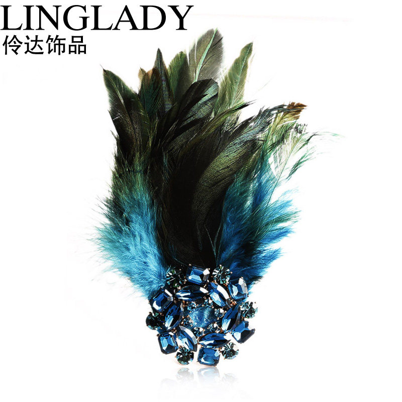 Lingda Original Ornament Blue Brooch Pin Imitation Crystal Flower Wheel Crystal Chest Flower Personality Feather Chorus Performance
