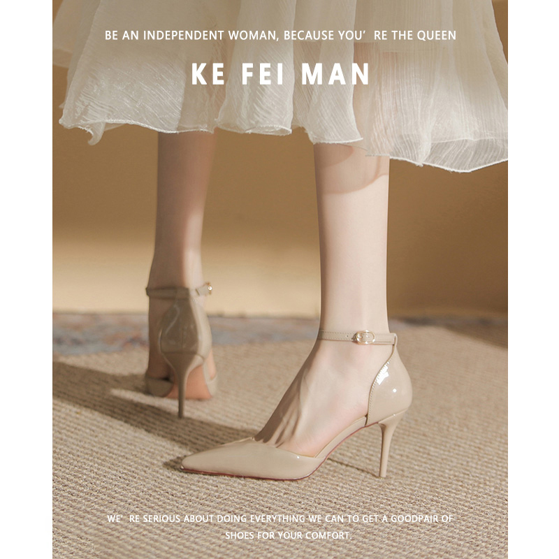 【Kefiman】Nude Color One-Strap High Heels for Women 2026 New Summer Patent Leather Simple Pointed Toe Stiletto Sandals