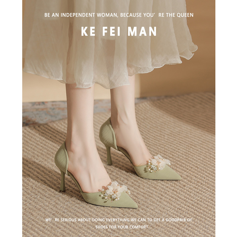 【Kefiman】Floral High Heels for Women 2026 New Summer Pointed Toe Stiletto Hollow Single Shoes Green New Chinese Style