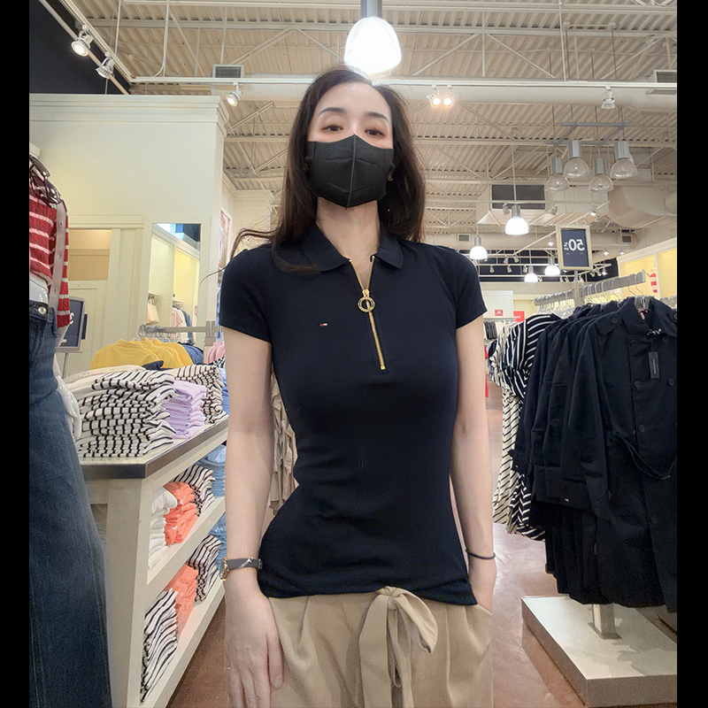 Tommy Hilfiger Women's New Summer Short-Sleeved Polo Shirt with Buckle and Half Zipper, Fashionable and Casual Tw18