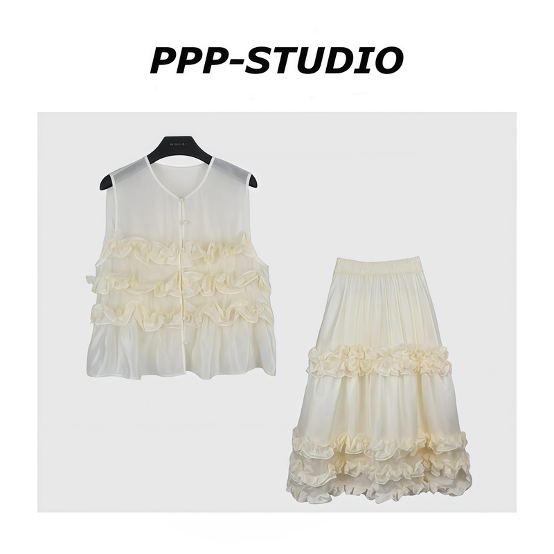 "Pp-Studio" Heavy-Duty Design Patchwork Ruffled Top + Mid-Length Skirt Set*20260729