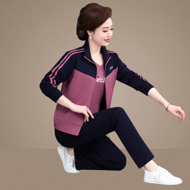 Middle-Aged and Elderly Women's Sportswear Set, Spring and Autumn, Large Size Three-Piece Set, Mother's Spring Outfit, 2026 New Style, Fashionable and Stylish Jacket