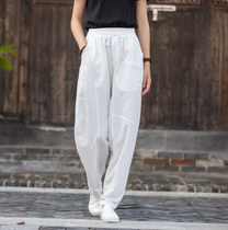 Linen Distressed Pocket Casual Pants Womens 2024 Spring and Autumn New Elastic Waist Solid Color Retro Harem Pants Small Foot Trousers