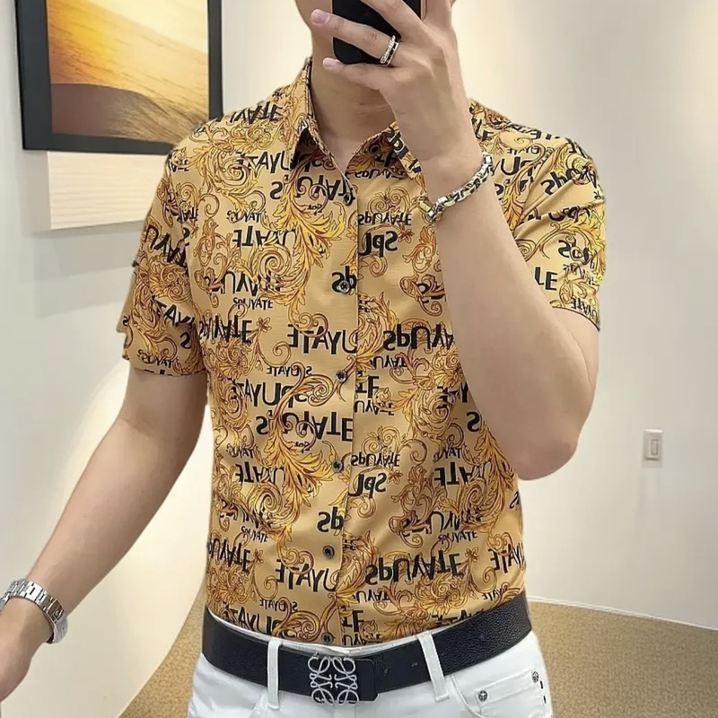 2026 New Summer Short-Sleeved Shirt for Men, Casual Slim Fit, Trendy Printed High-Elastic Lapel, No-Iron Shirt for Men