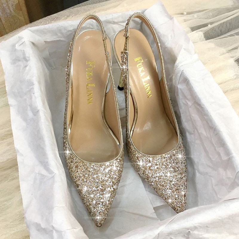 Broken size clearance does not return does not change pointed back trip belt crystal shoes gold sequined high heels rear empty thin heel sandals women
