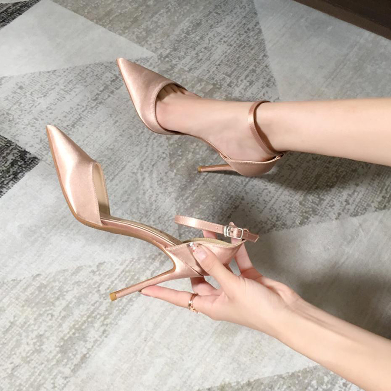 2022 New Spring Hundred Features French Girl Nude - colored High - heel Satin Skin Slip Hollow Single Shoes
