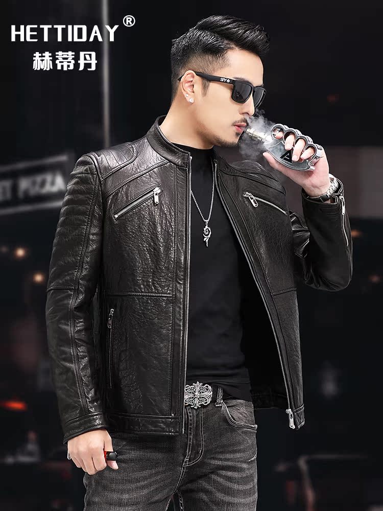 Haining's new personalized leather jacket men's oil wax sheepskin hunting leather jacket slim handsome fashion trendy coat