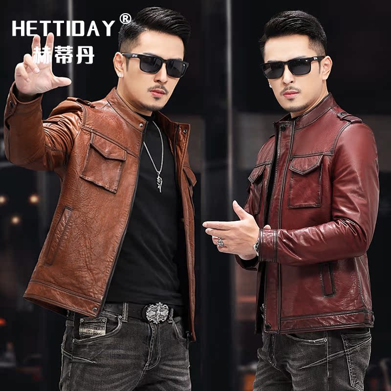 Henning New Leather Jacket Man Genuine Leather Slim Fit Oil Wax Sheep Leather Shoulder Badge Locomotive Leather Jacket Repairs Handsome Tide