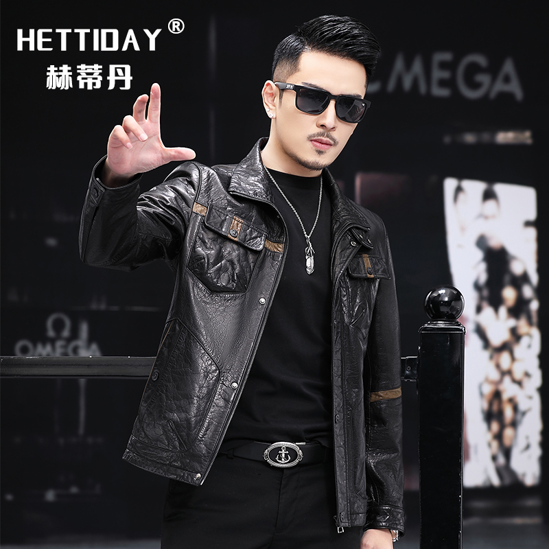 Oil Wax Sheep Leather Leather leather jacket Short Body Henning Locomotive Dermis Leather Clothing Men's Autumn Winter Fashion Trends Jacket