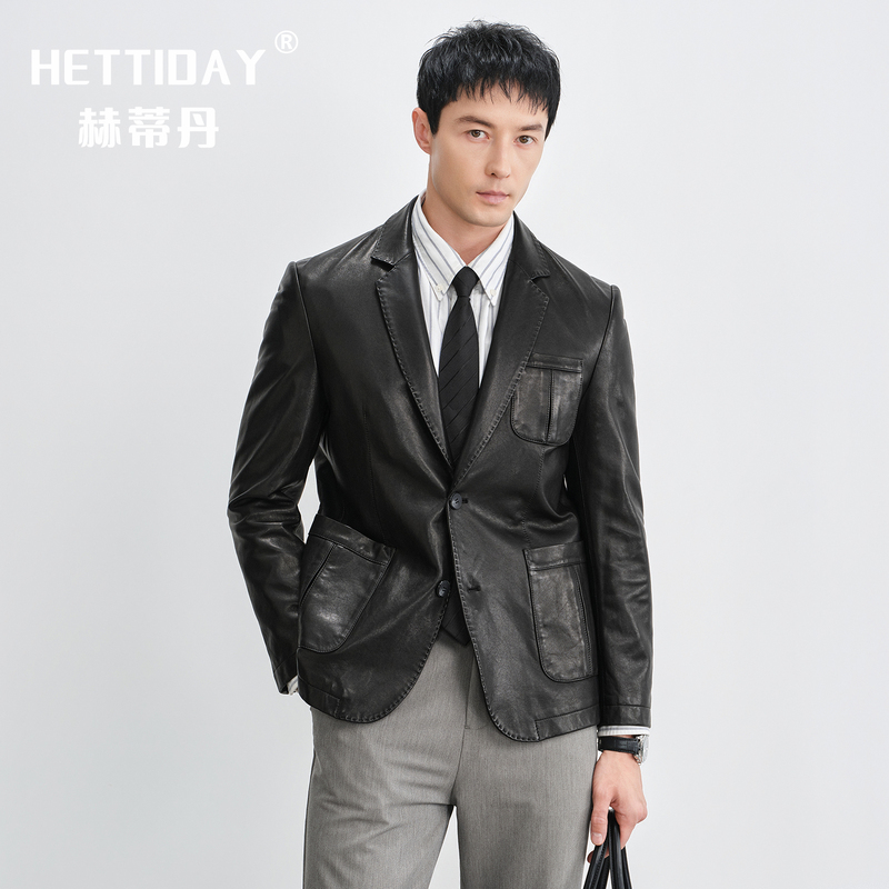 Fashionable Genuine Leather Jacket for Men, Casual Suit, Sheepskin Jacket, Slim Fit, High-End New Spring and Autumn Leather Suit Jacket for Men