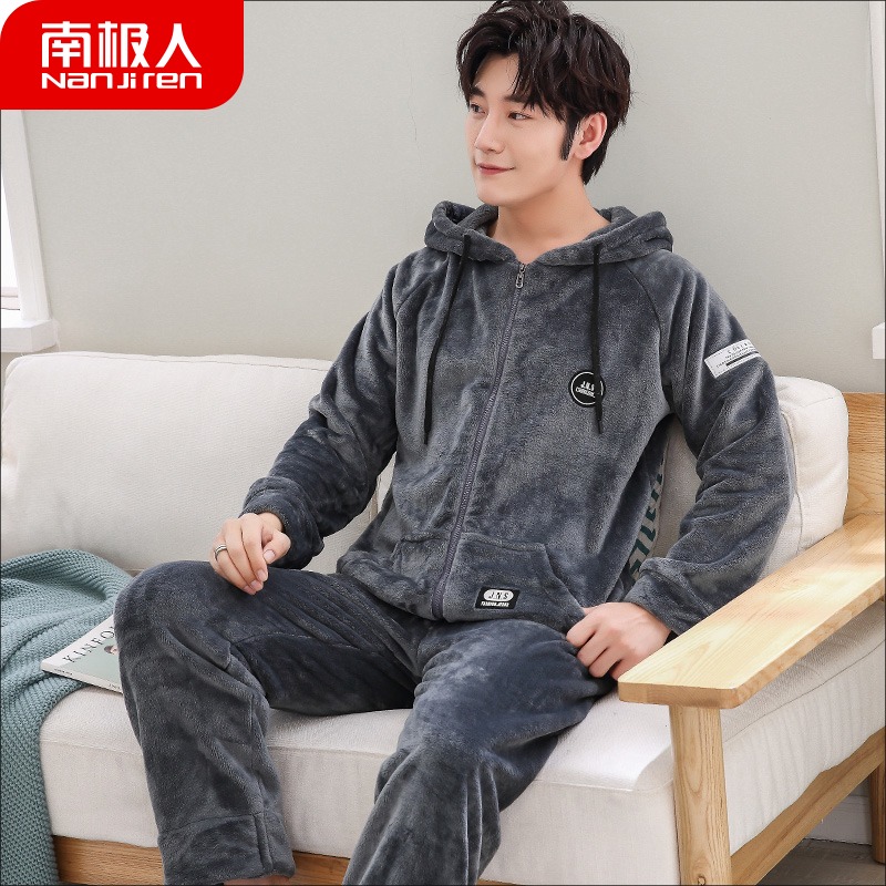 Autumn Winter Style Coral Suede Sleepwear Male Winter Thickened Garnter Men Winter Warm Flannel Suede Home Conserved Cap Suit
