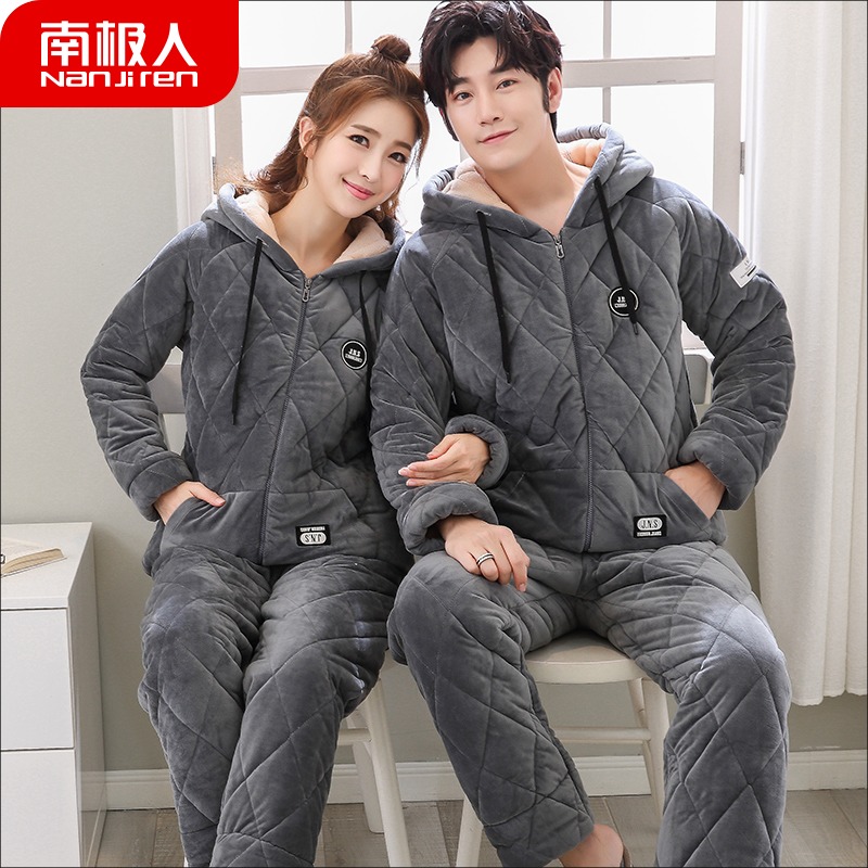 South Pole lovers Paved Cotton Sleeping Clothes Autumn Winter Women Thickened gush Coral Suede hat Home Suit Men's Flannel