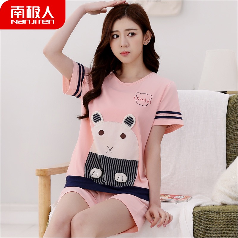 Antarctic pajamas women's summer pure cotton short-sleeved shorts Cute sweet girl home clothes Cartoon thin cotton suit