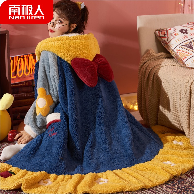 South Pole Coral Suede Sleeping Gown Woman Plus Suede Thickened Long Version Bathrobe Pyjamas Woman Autumn Winter Cute Sleeping Skirt Home Dress