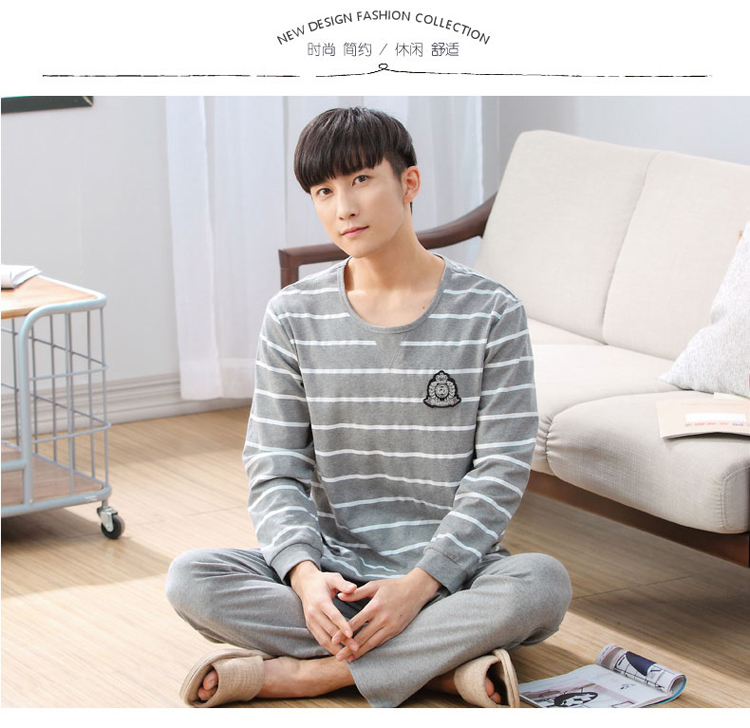 Bộ đồ ngủ cotton nam mùa xuân và mùa thu dài tay thanh niên nam XL trung niên mùa hè cổ tròn quần áo nhà cotton phù hợp với giản dị đồ bộ bé gái